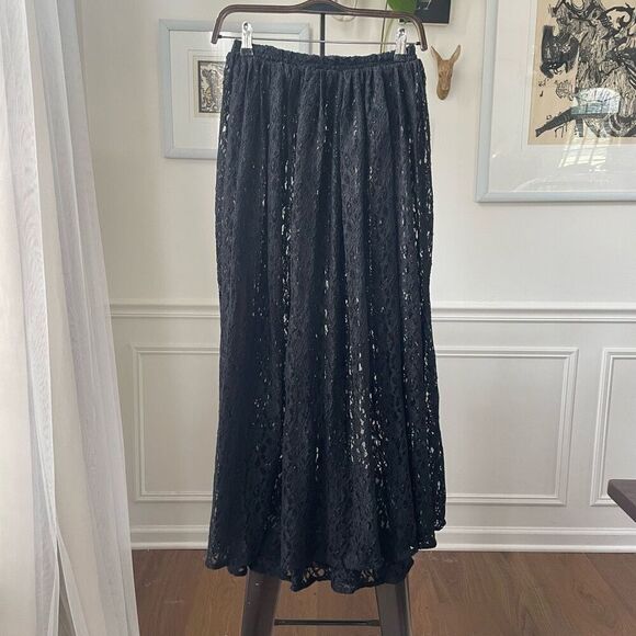 Vintage Express Tricot Sheer Black Lace Midi Skirt S - Picture 1 of 8